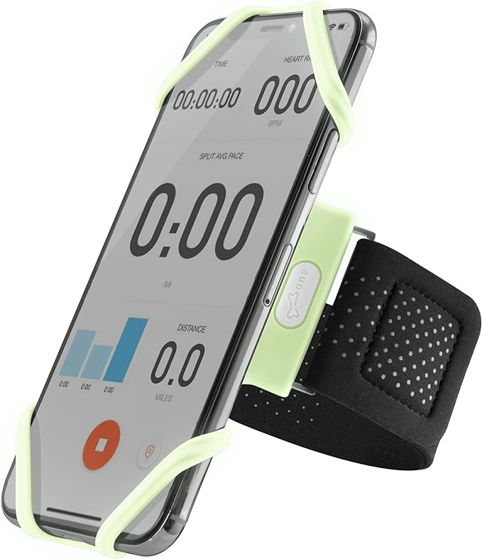 BONE Run Tie, Running Cell Phone Holder, Skin-Friendly & Washable Silicone Sport Armband, Universal Workout Phone Carrier Compatible with Most Smartphone (Luminous - Size S/Arm Size 7.9-9.8'')-StrideForce Fitness