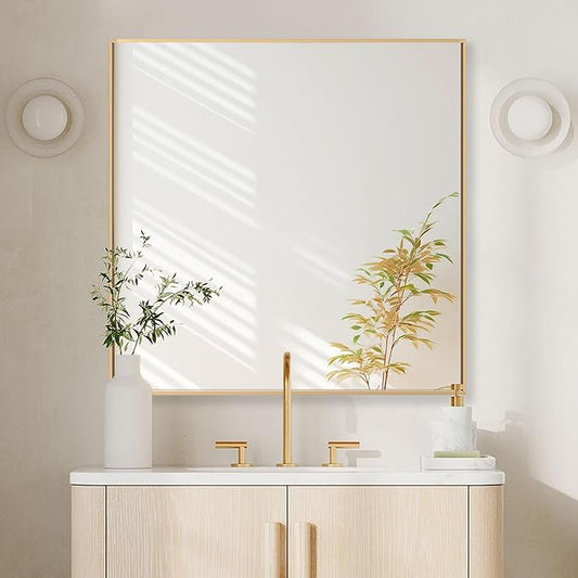 30x30 Inch Orange Gold Bathroom Mirror for Wall, Aluminum Frame Rectangle Rectangular Vanity Mirror, Modern Large for Bedroom, Living Room, Horizontal or Vertical-StrideForce Fitness