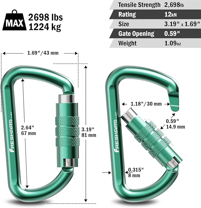FresKaro 3inch 12kN-2698lbs Auto Locking Carabiner Clips, Solid D Shape, Heavy Duty 7075 Aluminum, Lightweight 1.09oz, Rust Proof, for Hammock, Hiking, Dog Leash, Keychain etc., Multi-Colors-StrideForce Fitness