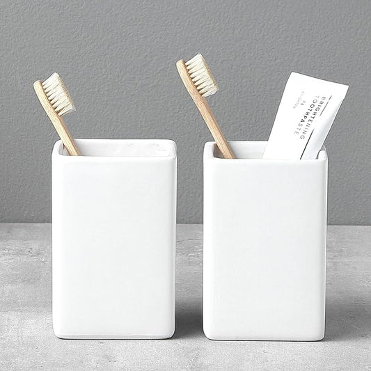 Toothbrush Holders for Bathrooms - 2 Cups Ceramic Square Toothbrush Toothpaste Holders Set, White Square Bathroom Tumbler Cups Reusable Toothbrush Mouthwash Cup, Bathroom Counter Organizer.