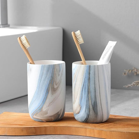 Blue Marble Toothbrush Holders - 2 Ceramic Toothbrush Holders for Bathrooms Toothbrush Toothpaste Holders Set, Bathroom Tumbler Cups Reusable Toothbrush Mouthwash Cup, Bathroom Counter Organizer.
