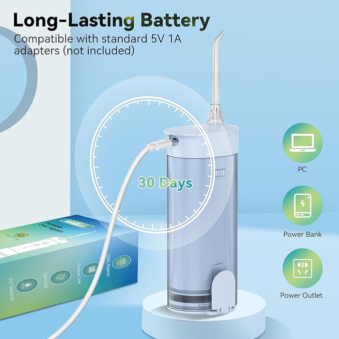 Mini Water Flosser for Teeth,Travel Dental Flosser Picks, Portable Oral Irrigator with Telescopic Water Tank, 5 Modes IPX7 Waterproof Tooth Flosser for Brace, Sensitive Teeth, with Storage Bag