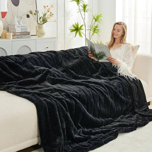 Cozy Bliss Faux Fur Throw Blanket for Couch, Cozy Warm Plush Striped Blanket for Sofa Bedroom Living Room, Black-StrideForce Fitness