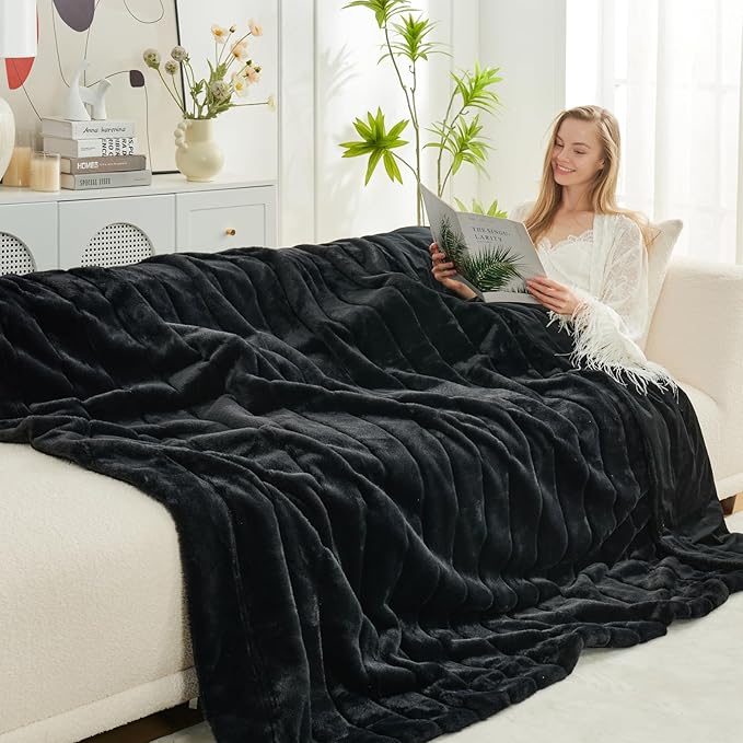 Cozy Bliss Faux Fur Throw Blanket for Couch, Cozy Warm Plush Striped Blanket for Sofa Bedroom Living Room, 90 * 90 Inches Black-StrideForce Fitness