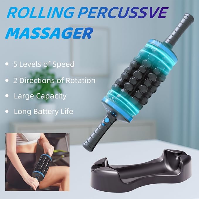 Rolling Percussive Massager – Massage with Auto-Lock for Pain Relief,Deep Tissue Relief & Muscle Relaxation, 5 Intensities, Cordless with Travel Case