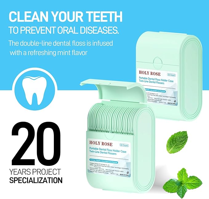 Holy Rose Dental Floss Case with Twin Line Flosser 104 Count-Green, Travel Dispenser for Floss Picks and Toothpick, Mint Flavored, Portable Flossers is Oral Care Tool for Teeth