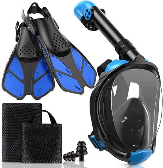 Mask Fins Snorkeling Gear for Adults, Full Face Snorkel Mask & Adjustable Swim Fins Snorkel Set, Panoramic View Snorkel Mask Dry Top Anti-Fog Anti-Leak-StrideForce Fitness