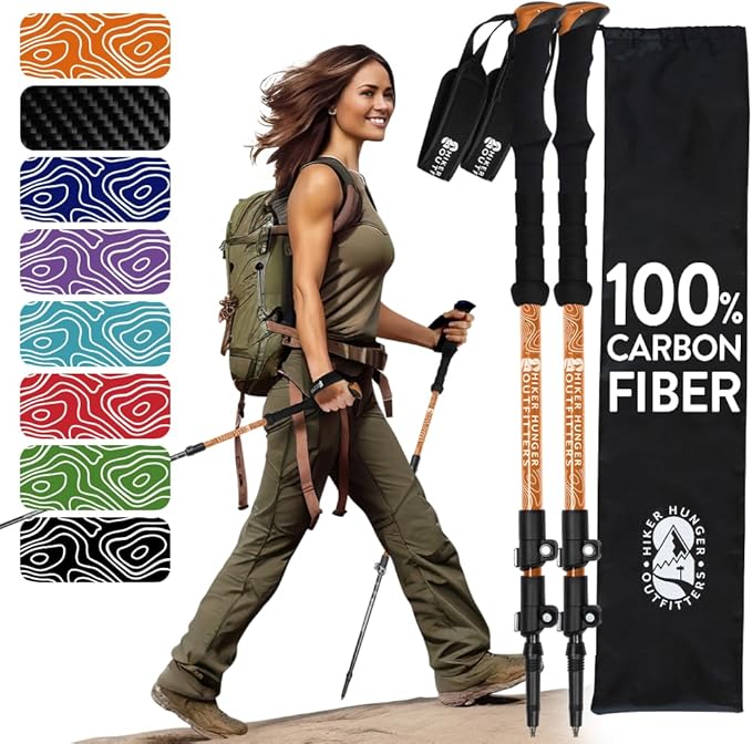100% Carbon Fiber Trekking Poles by USA Brand - Ultra Strong Lightweight Collapsible Hiking Poles with Cork and EVA Foam Grips & Quick Adjustable Flip Locks-StrideForce Fitness