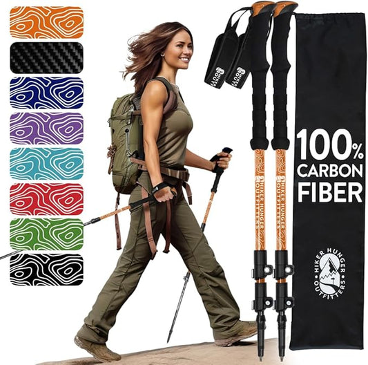 100% Carbon Fiber Trekking Poles by USA Brand - Ultra Strong Lightweight Collapsible Hiking Poles with Cork and EVA Foam Grips & Quick Adjustable Flip Locks-StrideForce Fitness
