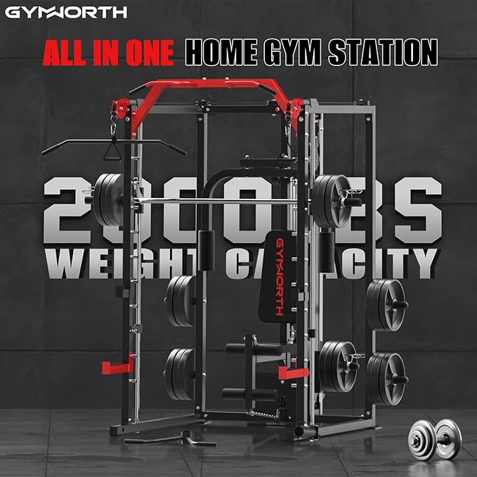 Smith Machine, Power Rack with LAT Pulldown System, Power Cage with Cable System, Squat Rack for Home Gym with Chest Press Machine, Spotter Arms, Leg Curl Attachment and More-StrideForce Fitness