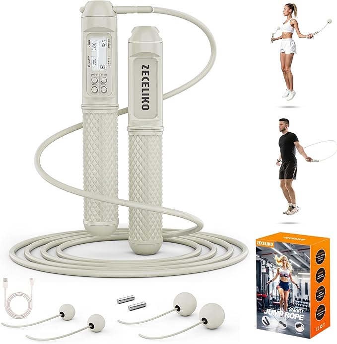 Smart Jump Rope with LED Display and Jump Counter, Weighted Cordless Design for Home Gym & HIIT, Adjustable Steel Wire for Fitness, Tracks Jumps, Calories & Time, for Men, Women & Kids-StrideForce Fitness