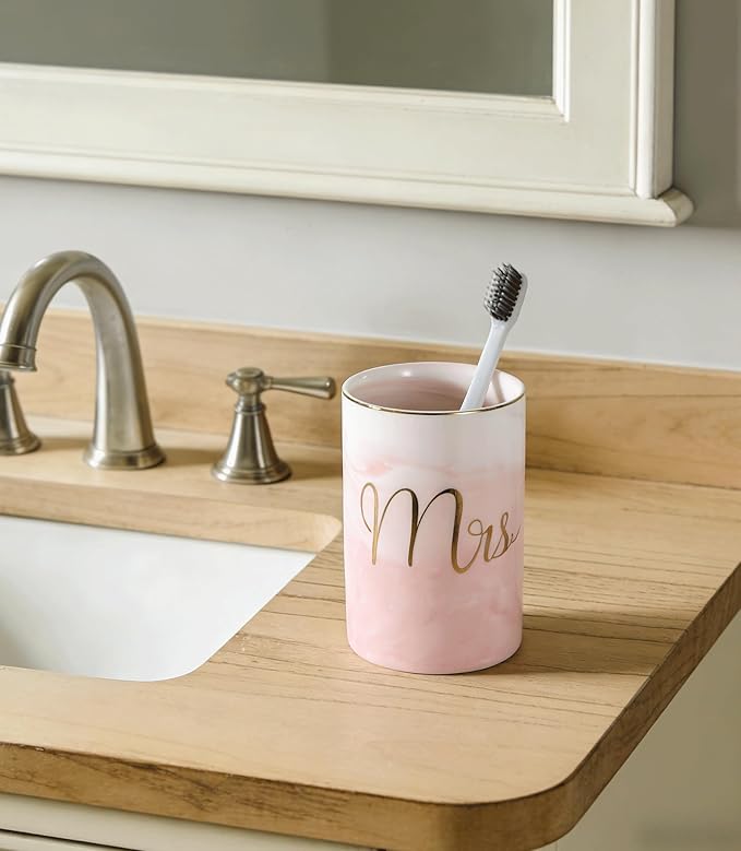 Kelake Ceramic Rustic Pink Marble Bathroom Tumbler Cup for Mouthwash Rinsing Toothbrush and Toothpaste Holder Letters Stand Cups 280 ml Porcelain Milk Drinking Cups for Christmas Birthday