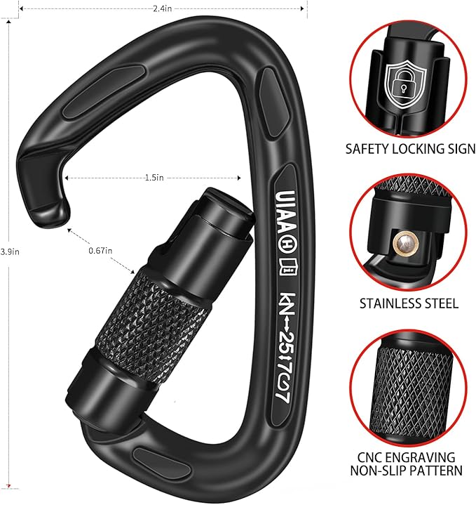 BEIFENG 25KN Auto Locking Carabiner - UIAA Certified Heavy Duty Climbing Carabiners for Rock Climbing, Camping, Rappelling, Hunting, Rescue Equipment - Professional Carabiner Clips (Black)-StrideForce Fitness