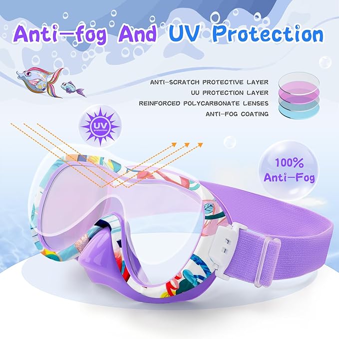 Kids Swim Goggles with Nose Cover, 180° Panoramic Snorkel Mask with Anti-Fog & Anti-Leak Design, Comfort Fabric Strap UV Protection Lens for Boys Girls Ages 3-15-StrideForce Fitness