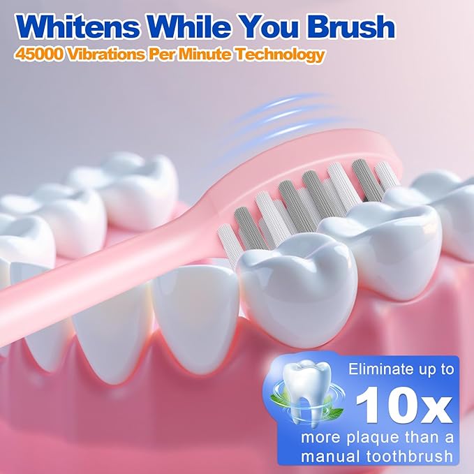 FXQQZZ Electric Toothbrush for Adults and Kids, with Tongue Scraper and Travel Case, 8 Brush Head, Smart Timer & 4 Modes Rechargeable Toothbrush, 42000 VPM Deep Clean, One Charge Last 90 Days - Rose