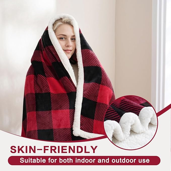 PU MEI Sherpa Fleece Throw Blanket 80" x 90" Reversible Plush Fluffy Large Big Blanket Lattice Flannel Blankets for All Season Use, Red and Black-StrideForce Fitness