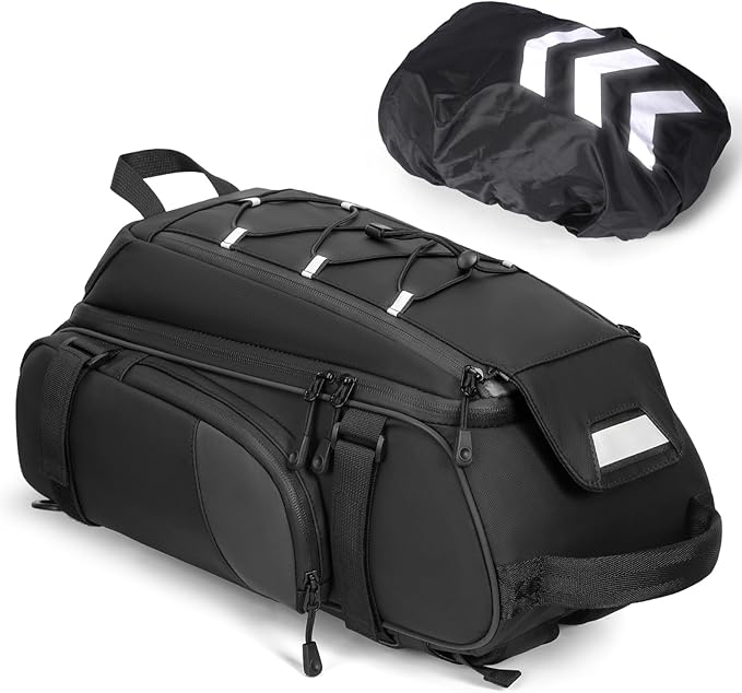 RAINSMORE Bike Bags for Bicycle Rear Rack 15L Waterproof Bike Ebike Trunk Pannier Saddle Bag with Rain Cover Bike Accessories Backpack Shoulder Bag for Commuter Travel Outdoor, Black-StrideForce Fitness