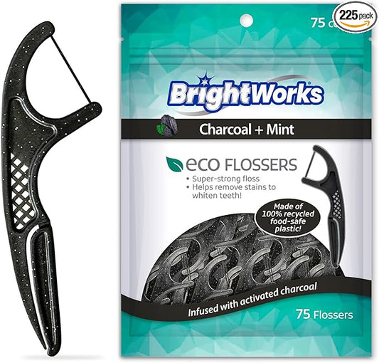 Brightworks ECO Sustainable Floss Picks - 225 Count - PFAS Free - Made in USA Charcoal + Mint Infused 100% Post-Consumer Recycled Plastic with Micro-Crystals for Oral Care Hygiene Gum Health