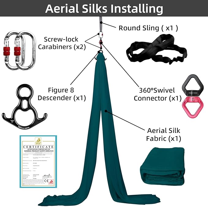PRIOR FITNESS Aerial Silks Kit Colorful 9/15/20 Yards 40D Nylon Fabric Hammock Set With Hardware & Guide for All Levels Of Aerial Yoga Practice and Acrobatic Flying For Adults Aerial silk-StrideForce Fitness