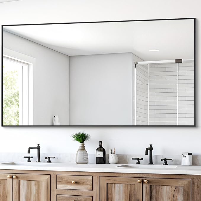 Black Bathroom Mirror for Wall, 30x55 Inch Rectangle Mirrors with Metal Frame, Modern Vanity Wall Mirror Decor for Entryway Hangs, Bathroom Living Room Horizontal or Vertical-StrideForce Fitness