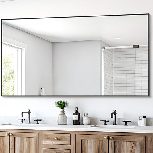 Black Bathroom Mirror for Wall, 30x55 Inch Rectangle Mirrors with Metal Frame, Modern Vanity Wall Mirror Decor for Entryway Hangs, Bathroom Living Room Horizontal or Vertical-StrideForce Fitness