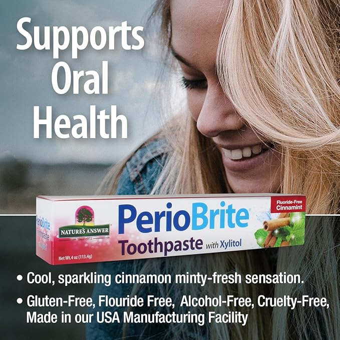 Nature's Answer PerioBrite Toothpaste, Cinnamint, 4-Ounces Fluoride Free with CO Q10 | for Sensitive Teeth | Whitens Teeth | Freshens Breath | Minimizes Dry Mouth