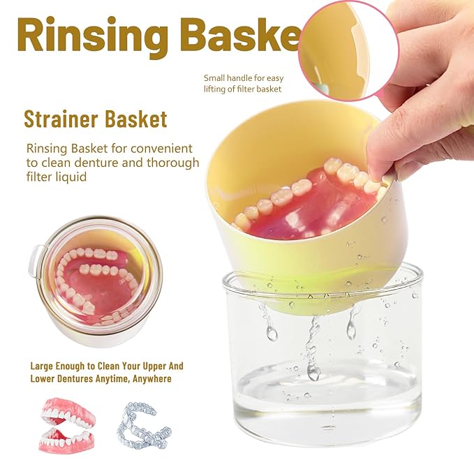 Denture Case, Leak Proof Denture Bath Cup, Full & Partial Denture Clean Holder Box with Strainer, Denture Brush, Denture Soaking Container Cups for Dentures, Retainers, Mouth Guard Storage Case-Yellow