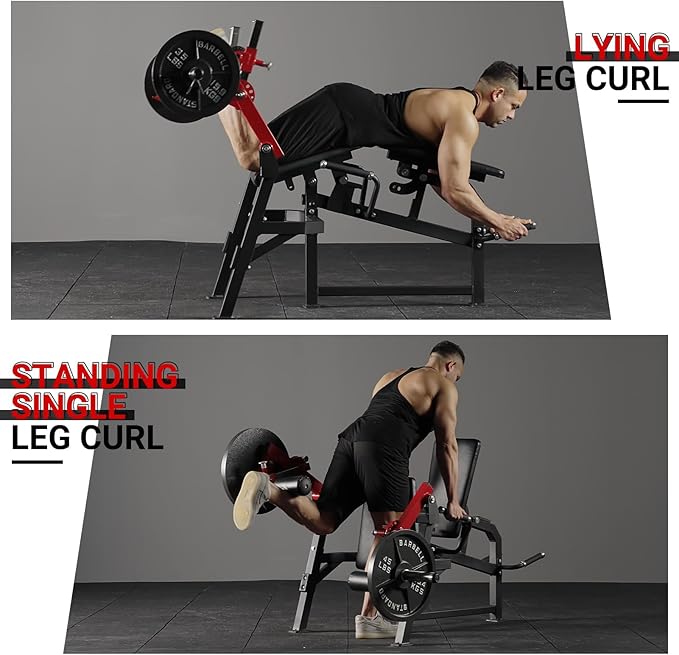 GMWD Leg Extension and Curl Machine, Single Leg Extension, Lying Leg Curl, Standing Leg Curl, Adjustable Leg Exercise Bench with Plate Loaded, Leg Machine Home Gym, Red-StrideForce Fitness
