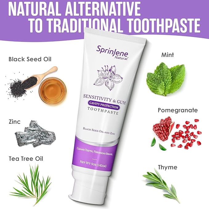 SprinJene Natural Sensitivity & Gum Fluoride Toothpaste – Sensitive Teeth Relief & Cavity Protection – SLS Free Natural Toothpaste with Black Seed Oil & Zinc – Made in The USA (4 Pack)