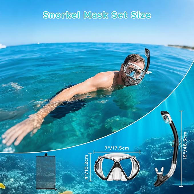 2 Pack Snorkeling Gear for Adults, Dry Snorkel, Mask Set Adult, Diving Scuba Mask, Scuba Gear, Swimming Goggles with Nose Cover, Swim Freediving Tempered Glass Panoramic View Travel Packages-StrideForce Fitness