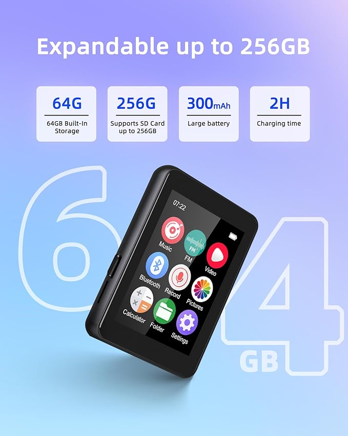64GB Music Player with Bluetooth 5.3, 2.4" Portable MP3 Player with Speaker, FM Radio, Voice Recorder, E-Book, Full Touch Screen, Supports up to 256GB (Earphones Included)-StrideForce Fitness