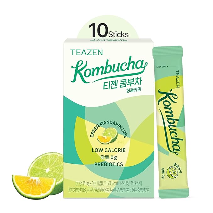 TEAZEN Green Mandarin Lime Kombucha Tea, Hydration Drink Mix, Sugar Free, Live Probiotics & Prebiotics, 10 Sticks, 1.76oz-StrideForce Fitness