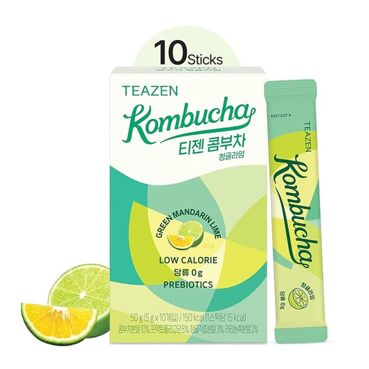 TEAZEN Green Mandarin Lime Kombucha Tea, Hydration Drink Mix, Sugar Free, Live Probiotics & Prebiotics, 10 Sticks, 1.76oz-StrideForce Fitness