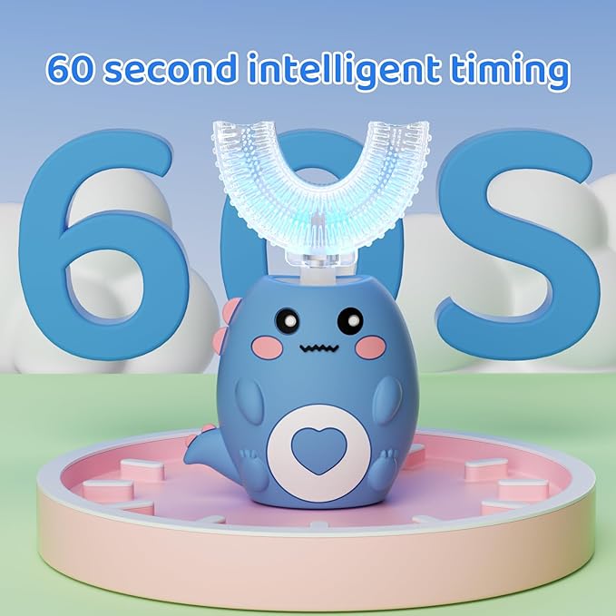 Kids U Shaped Electric Toothbrush, with 3 Cleaning Modes, with 4 Brush Heads, 360° Sonic Automatic Toothbrush, IPX7 Waterproof Cartoon Dinosaur Design (Ages 2-12)