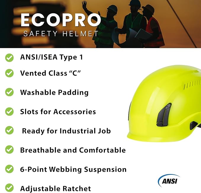 Land Helmets EcoPro Safety Helmet - ANSI/ISEA Z89.1-201 Type 1 Class C Vented - OSHA Approved - Lightweight Helmet with 6 Pt Suspension for Arborist, Industrial & Fall Protection-StrideForce Fitness