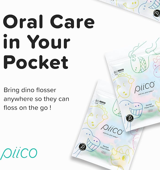 Piico No Flavor Kids Floss - No Fluoride Dual Line Dental Floss Picks - Fun Oral Care in Colorful Floss Sticks Design - Kids Flossers Prevent Tooth Decay & Gum Disease - 150 Homebox Dino & Travel Case