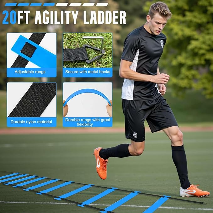 Agility Ladder, Soccer Training Equipment Set, 4 Agility Hurdles, 20ft Speed Ladder, Running Parachute, 12 Football Cones, Jump Rope | Soccer Basketball Athletes Speed Training-StrideForce Fitness