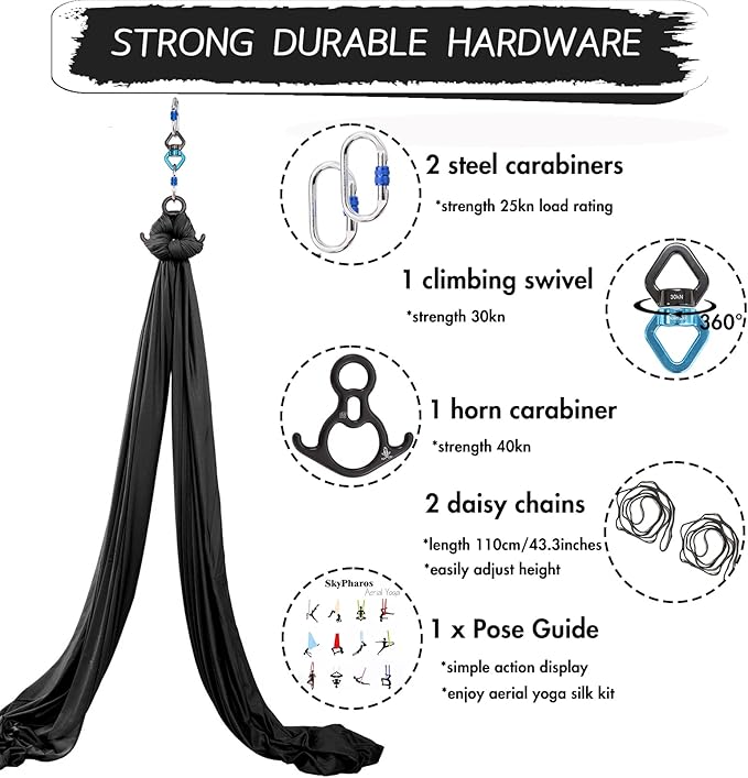 Aerial Silks Yoga Swing Set - 9/11 Yards Aerial Yoga Hammock Kit Anti-Gravity Flying for Fitness, Low/Non Stretch Nylon Tricot Fabric Hardware Included for Dance-StrideForce Fitness