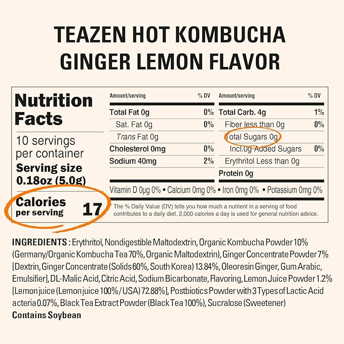 TEAZEN Lemon Ginger Hot Kombucha Tea, Live Probiotics & Postbiotics, Relaxation and Warmth for Colds and Sore Throat, Hydration Drink Mix, Sugar Free, 30 Sticks, 5.29oz-StrideForce Fitness