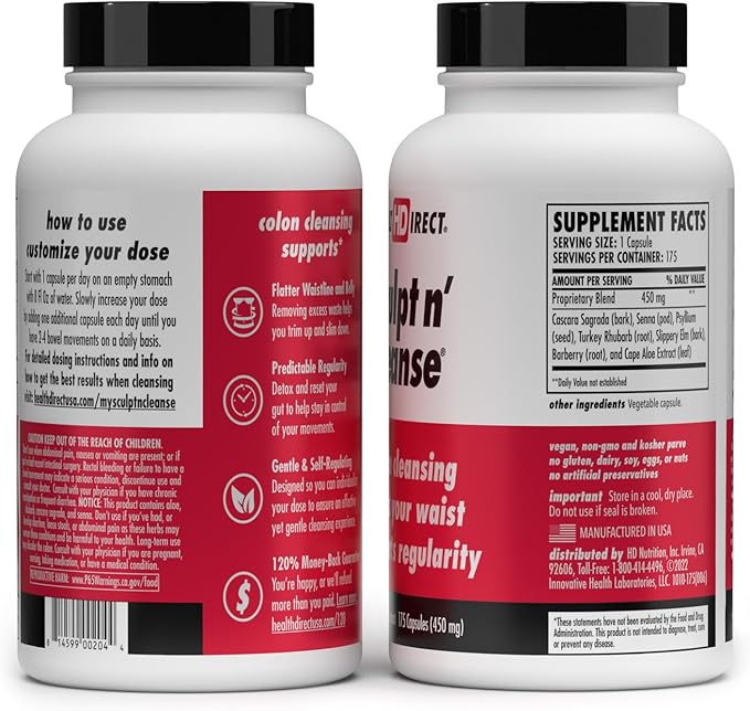 HEALTH DIRECT Sculpt n' Cleanse - Herbal Colon Cleanse for Digestive Health & Regularity - Natural Detox & Gut Flush Supplement - 175 Veggie Capsules-StrideForce Fitness