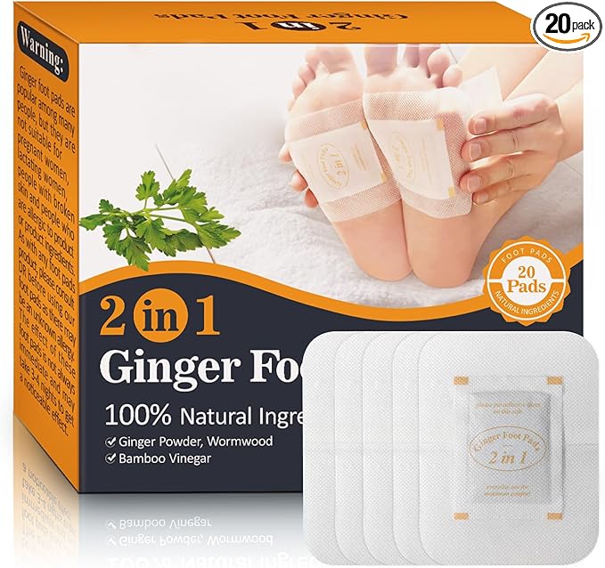 2 in 1 Foot Pads, Tear and Use Ginger Wormwood with Pure Natural Ginger Powder Bamboo Vinegar Wormwood, Bigger Adhesive ''Stay in Place'' All Night, 20 Pads-StrideForce Fitness