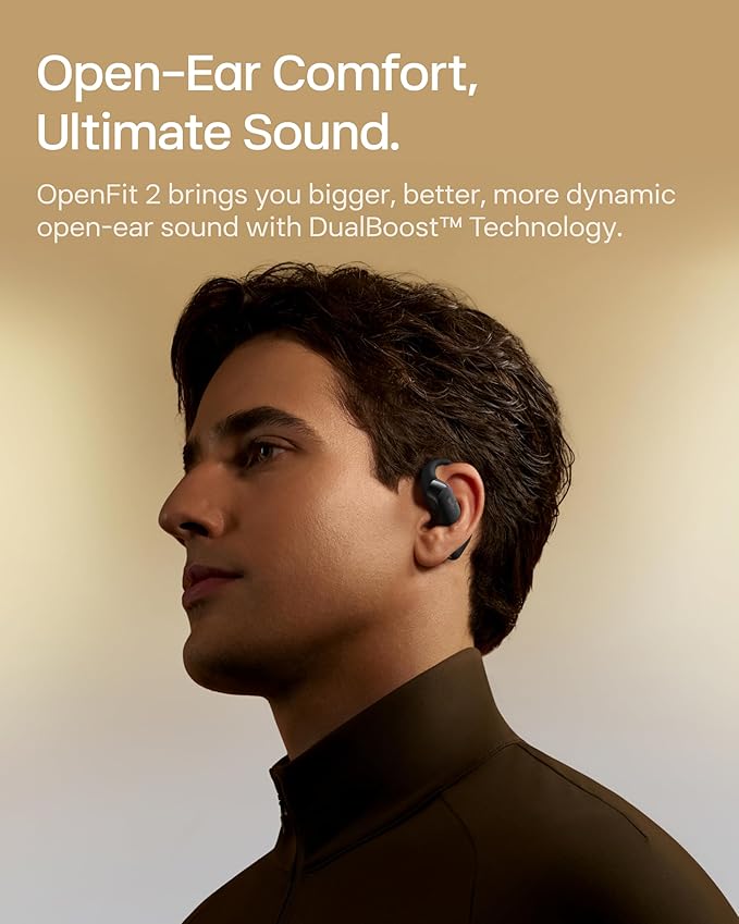 SHOKZ New OpenFit 2 Open-Ear Headphones, True Wireless Bluetooth Earphones with Microphone, Earhook Earbuds with 48 Hours of Playtime, Fast Charging, IP55 Water-Resistant, with Carrying Bag, Black-StrideForce Fitness