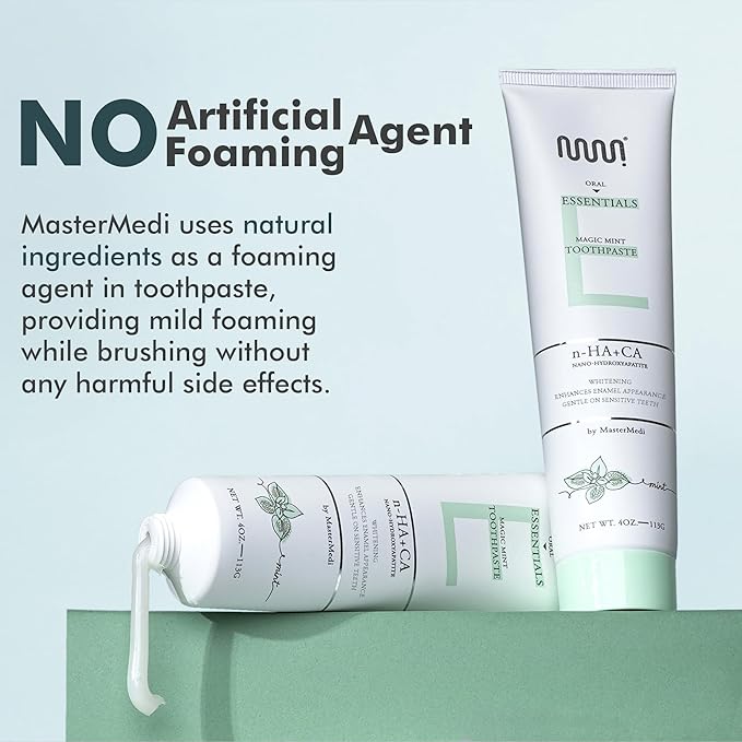 MasterMedi Nano Hydroxyapatite Toothpaste (Inspired by 10% nHA Formulas), Fluoride-Free, Whitening, Sensitive Teeth Care, Enamel Support, SLS Free, Xylitol, Magic Mint, 4 Oz (Pack of 3)