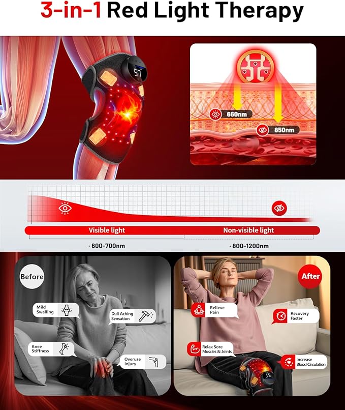 Upgraded PRO Red Light Therapy Knee Brace & 4 Vibration Massage - Wireless Rechargeable Controller, 660nm&850nm Red Light Therapy Heated Device for Knee/Elbow/Shoulder Pain-StrideForce Fitness