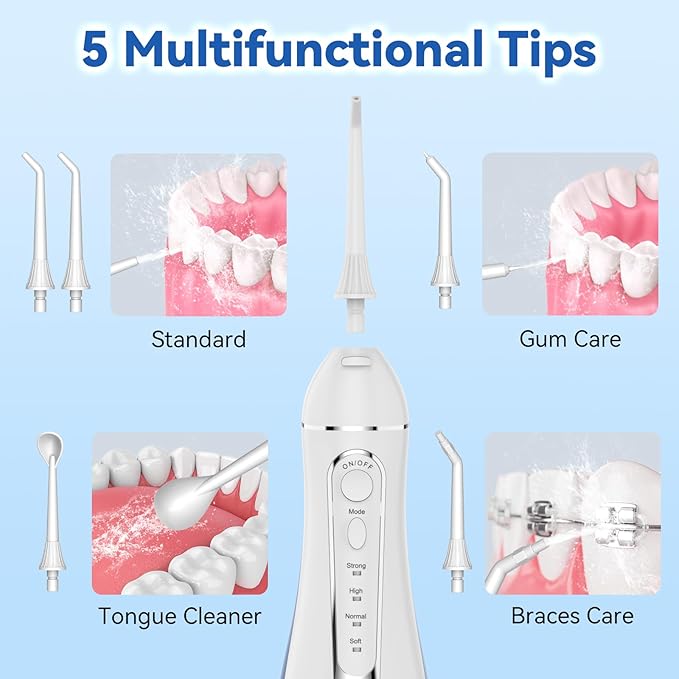 Cordless Portable Water Flosser with 300ML Tank: Rechargeable Oral Irrigator with 5 Tips for Travel, Braces Care and Sensitive Gums, IPX7 Waterproof Teeth Cleaning Device(Black)
