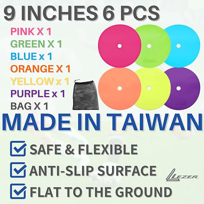 LEZER 9 Inch Flat Cones, Spot Markers, Soccer Cones, Field Court Markers, Sit Spots, Flat Discs, Soccer Training Equipment, Agility Practice, Football, Made in Taiwan-StrideForce Fitness
