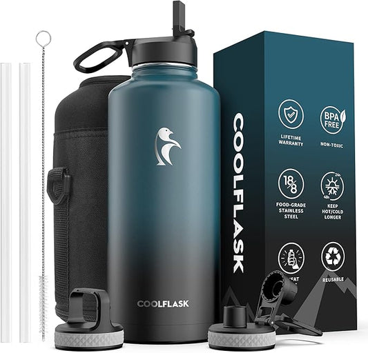 Coolflask Water Bottle 87 oz with Straw, 2/3 Gallon Insulated Stainless Steel Large 3 Lids Big Water Jug for Sports or Office, Non-BPA Keep Cold Up to 48 Hrs or Hot Up to 24 Hrs, Samurai Cyan-StrideForce Fitness