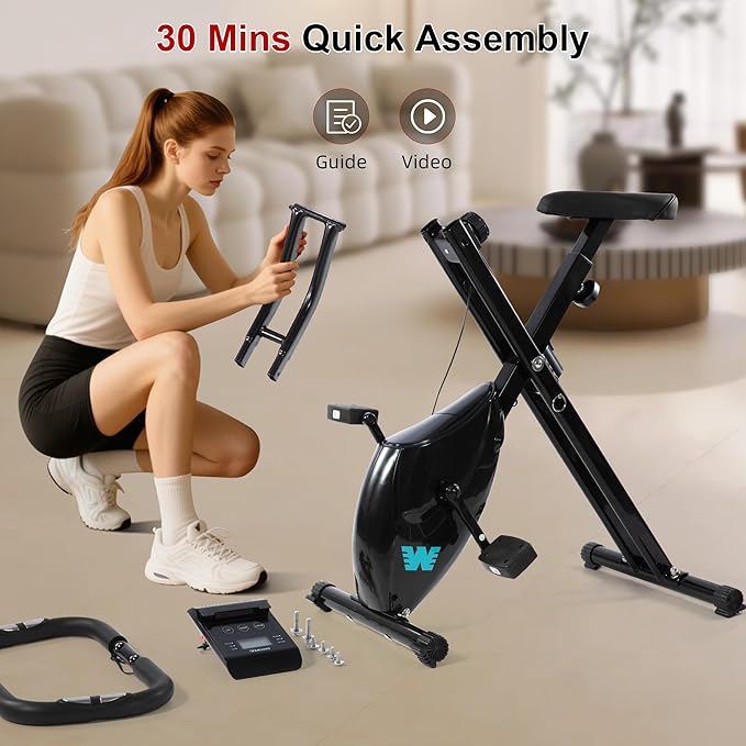 BARWING Stationary Exercise Bike for Home Workout, 5 IN 1 Foldable Indoor Cycling Bike for Seniors, 350LB Capacity, 16-Level Magnetic Resistance, Seat Backrest Adjustments-StrideForce Fitness