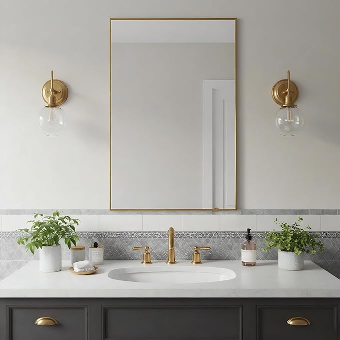 20x36 Inch Brass Bathroom Mirror for Wall, Aluminum Frame Rectangle Rectangular Vanity Mirror, Modern Large for Bedroom, Living Room, Horizontal or Vertical-StrideForce Fitness