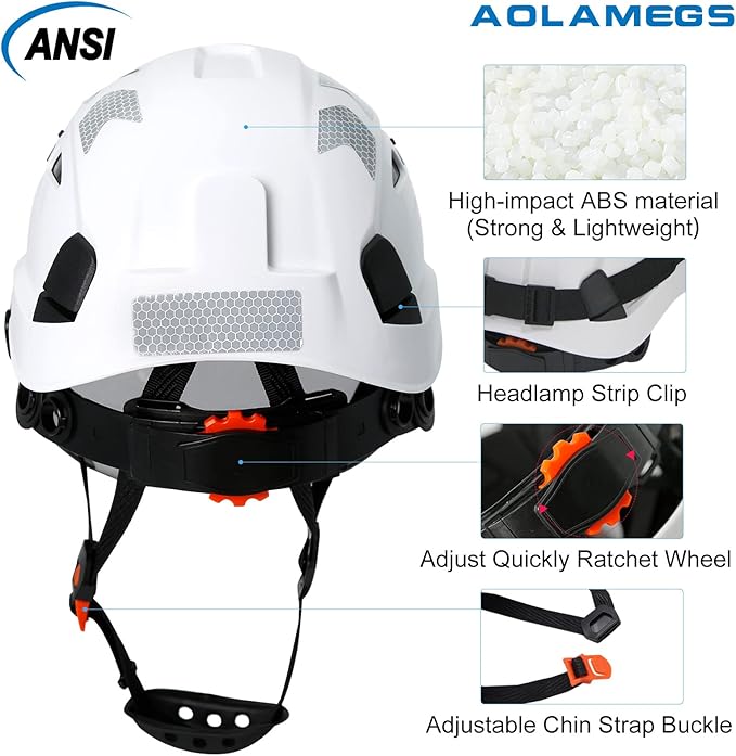 AOLAMEGS Construction Safety Hard Hat - ANSI Z89.1 Type Ι OSHA Approved Safety Helmets with Chin Straps Lightweight Reflective Vented ABS Hard Hats For Men Women Industrial Workwear 6-point Suspension-StrideForce Fitness